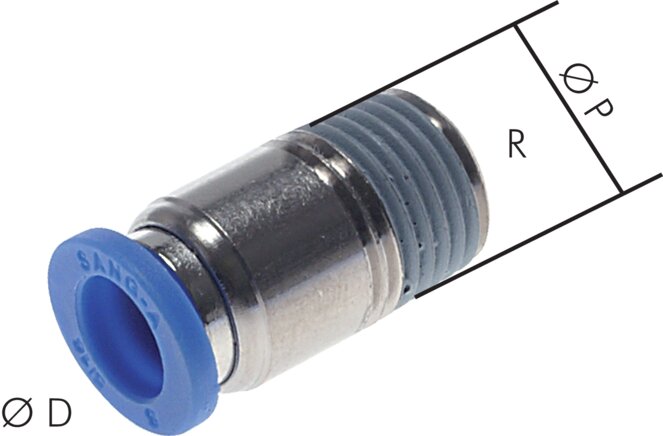 Exemplaire exposé: raccord enfichable droit avec corps rond et filetage conique